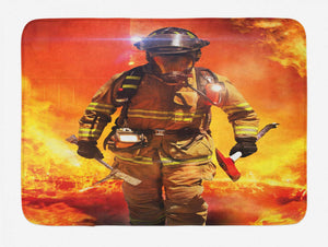Lunarable Fireman Bath Mat, Firefighter in a Building on Fire Searching for Survivors Emergency Services, Plush Bathroom Decor Mat with Non Slip Backing, 29.5" X 17.5", Multicolor
