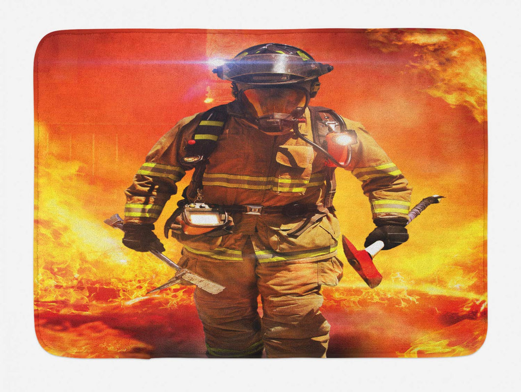 Lunarable Fireman Bath Mat, Firefighter in a Building on Fire Searching for Survivors Emergency Services, Plush Bathroom Decor Mat with Non Slip Backing, 29.5