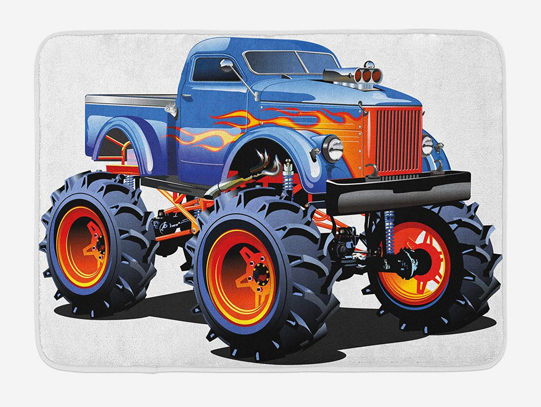Lunarable Man Cave Bath Mat, Cartoon Monster Truck Huge Tyres Off-Road Heavy Large Tractor Wheels Turbo, Plush Bathroom Decor Mat Non Slip Backing, 29.5 W X 17.5 W Inches, Multicolor