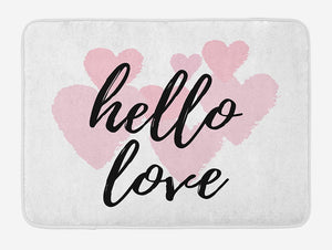 Ambesonne Hello Bath Mat, Hello Love Hand Lettering Print on Pink Hearts Inspirational Words Minimal Design, Plush Bathroom Decor Mat with Non Slip Backing, 29.5" X 17.5", Black Rose