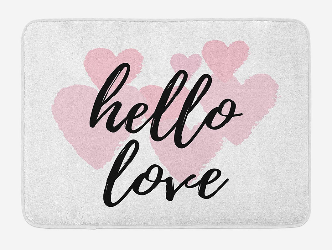 Ambesonne Hello Bath Mat, Hello Love Hand Lettering Print on Pink Hearts Inspirational Words Minimal Design, Plush Bathroom Decor Mat with Non Slip Backing, 29.5