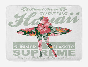 Lunarable Hawaiian Bath Mat, Tropical Hawaii Hibiscus Surfing Girl Silhouette Surfboard Retro Themed Artprint, Plush Bathroom Decor Mat with Non Slip Backing, 29.5" X 17.5", Coral Green