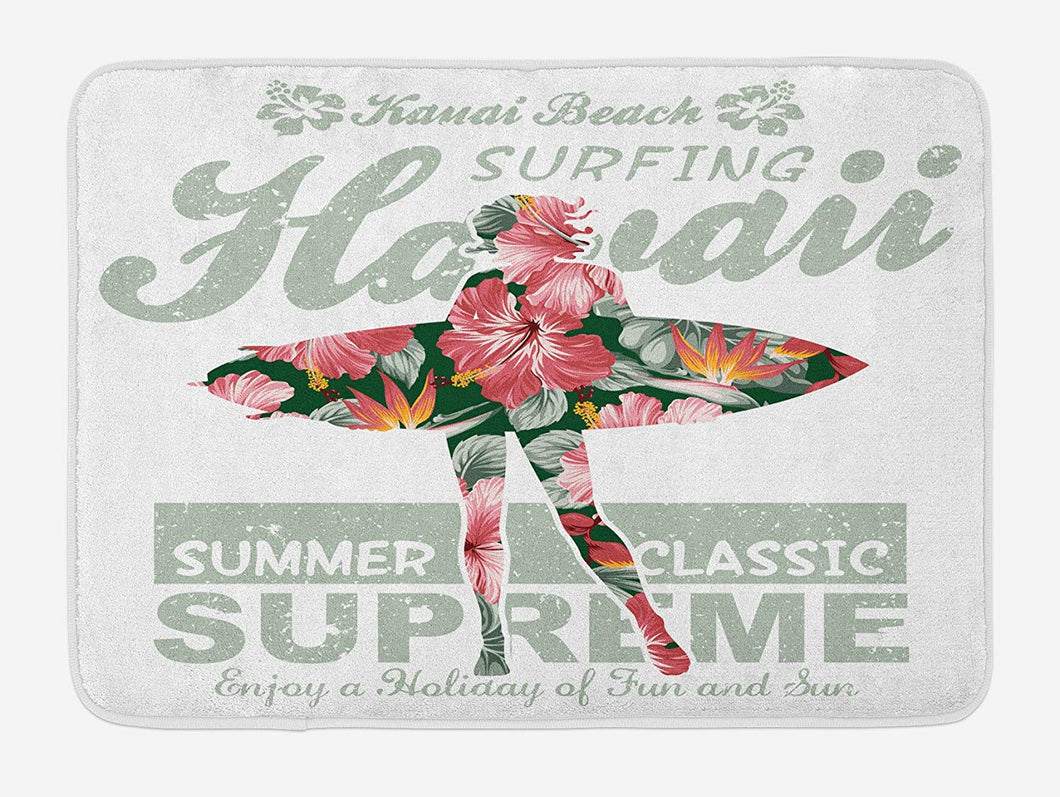 Lunarable Hawaiian Bath Mat, Tropical Hawaii Hibiscus Surfing Girl Silhouette Surfboard Retro Themed Artprint, Plush Bathroom Decor Mat with Non Slip Backing, 29.5