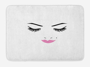 Ambesonne Eyelash Bath Mat, Closed Eyes Pink Lipstick Glamor Makeup Cosmetics Beauty Feminine Design, Plush Bathroom Decor Mat with Non Slip Backing, 29.5" X 17.5", Fuchsia Black