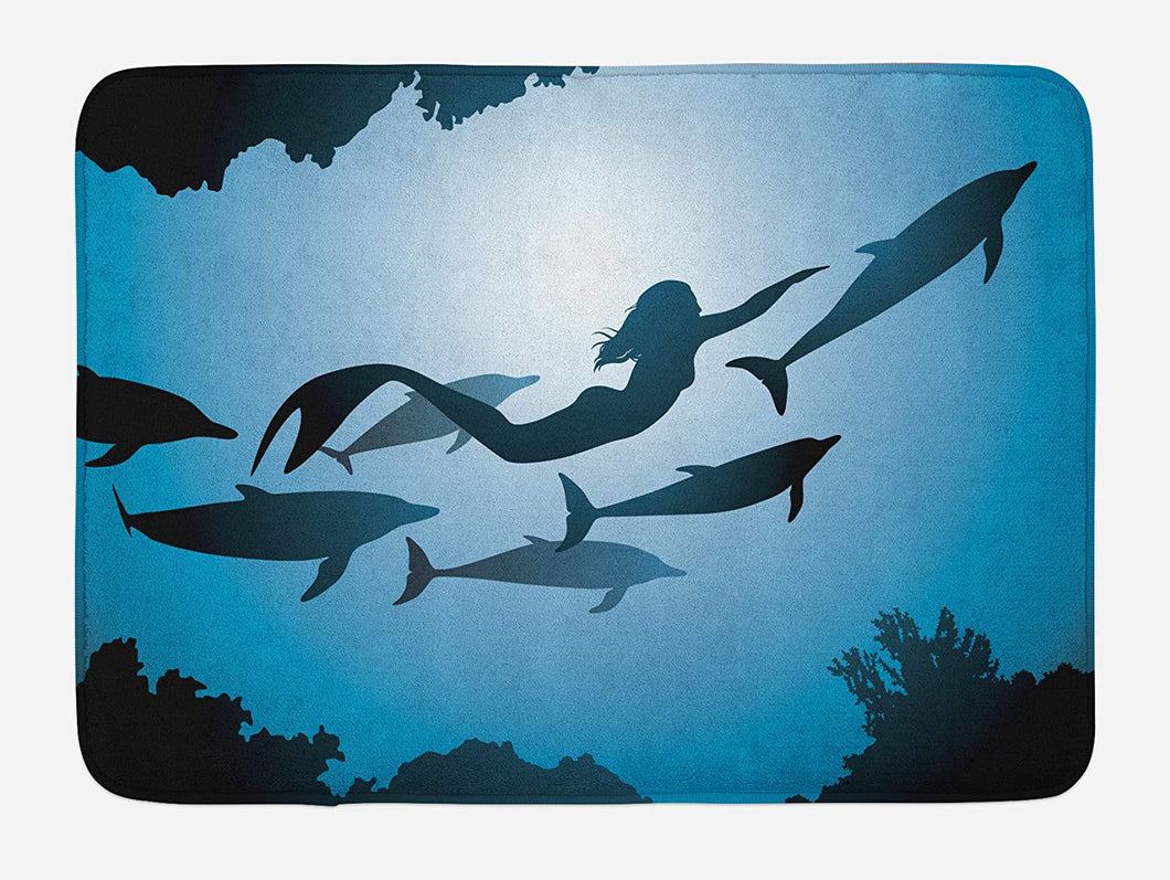 Ambesonne Underwater Bath Mat, The Mermaid and Dolphins Underwater View Travel Diving Fin Sea Life, Plush Bathroom Decor Mat with Non Slip Backing, 29.5 W X 17.5 L Inches, Blue Black Petrol Blue