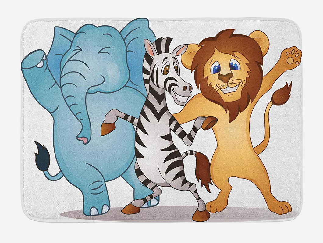 Lunarable Animal Bath Mat, Dancing Zebra Lion Elephant Party in Savannah Safari Cartoon Print, Plush Bathroom Decor Mat with Non Slip Backing, 29.5