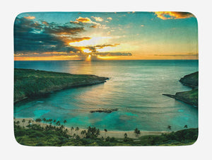 Ambesonne Hawaiian Bath Mat, Sunrise Over Hanauma Bay Oahu Hawaii Sunbeams Through Clouds Shoreline, Plush Bathroom Decor Mat with Non Slip Backing, 29.5" X 17.5", Green Orange