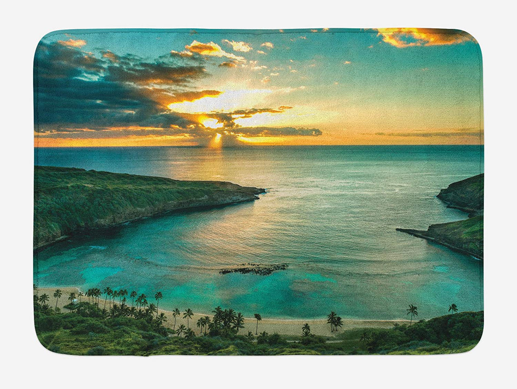 Ambesonne Hawaiian Bath Mat, Sunrise Over Hanauma Bay Oahu Hawaii Sunbeams Through Clouds Shoreline, Plush Bathroom Decor Mat with Non Slip Backing, 29.5