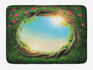 Ambesonne Tree Bath Mat, Enchanted Forest in Spring Fresh Growth Foliage with Blossoms Fairytale Fantasy, Plush Bathroom Decor Mat with Non Slip Backing, 29.5" X 17.5", Green Pink