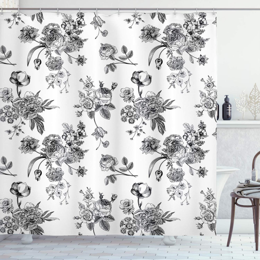 Ambesonne Black and White Shower Curtain, Vintage Floral Pattern Victorian Classic Royal Inspired New Modern Art, Cloth Fabric Bathroom Decor Set with Hooks, 84