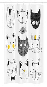 Ambesonne Cat Stall Shower Curtain, Cats with Moustache Bow Tie Hat Crown Fluffy and Fish Humor Faces Graphic, Fabric Bathroom Decor Set with Hooks, 36" X 72", Blue Yellow