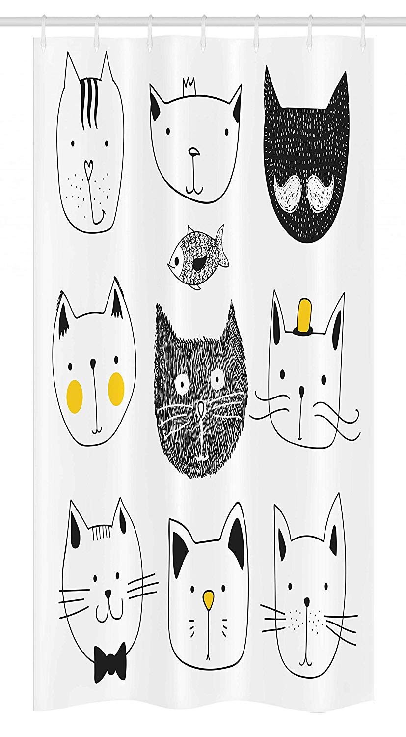 Ambesonne Cat Stall Shower Curtain, Cats with Moustache Bow Tie Hat Crown Fluffy and Fish Humor Faces Graphic, Fabric Bathroom Decor Set with Hooks, 36
