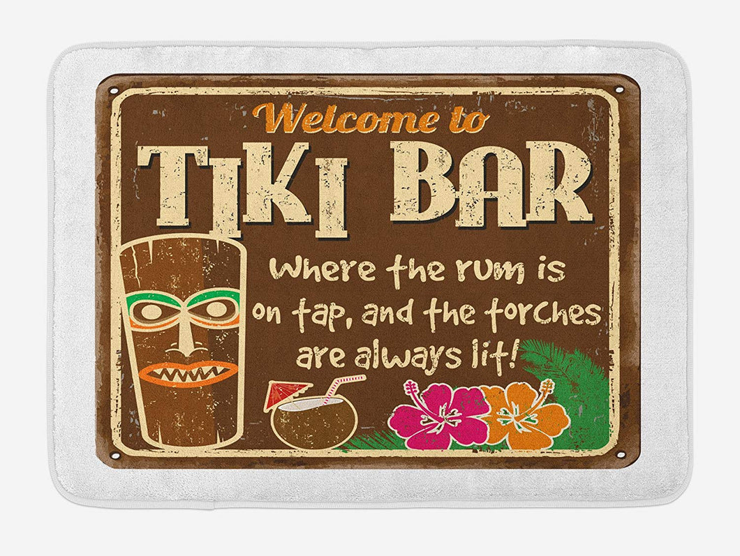 Ambesonne Tiki Bar Bath Mat, Aged Old Frame Sign of Tiki Bar with Inspirational Leisure Travel Print, Plush Bathroom Decor Mat with Non Slip Backing, 29.5 W X 17.5 L Inches, Multicolor