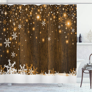 Ambesonne Christmas Decorations Collection, Rustic Wooden Backdrop with Snowflakes and Lights Warm Xmas Celebration Themed, Polyester Fabric Bathroom Shower Curtain Set with Hooks, Brown White