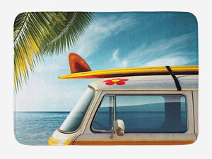 Lunarable Surfboard Bath Mat, Vintage Van in The Beach with a Surfboard on The Roof Journey Spring Sky Season, Plush Bathroom Decor Mat with Non Slip Backing, 29.5" X 17.5", Yellow