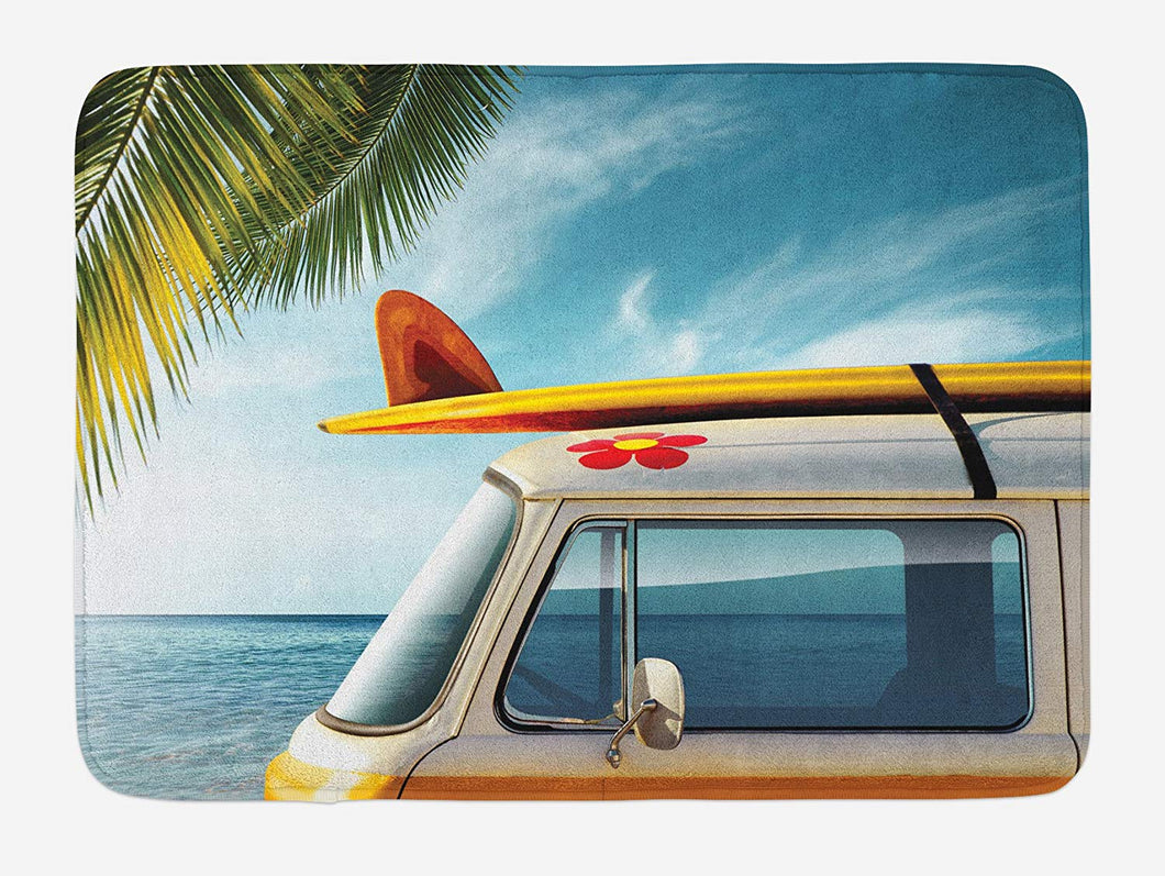 Lunarable Surfboard Bath Mat, Vintage Van in The Beach with a Surfboard on The Roof Journey Spring Sky Season, Plush Bathroom Decor Mat with Non Slip Backing, 29.5
