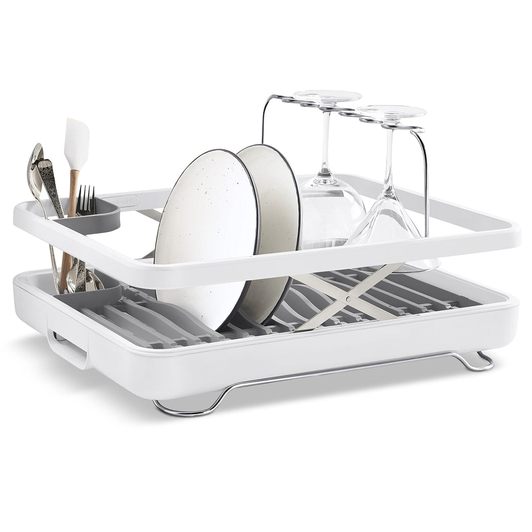 Latest kohler k 8631 0 large collapsible storable dish drying rack with wine glass holder and collapsible utensil band even made to hold pots and pans white