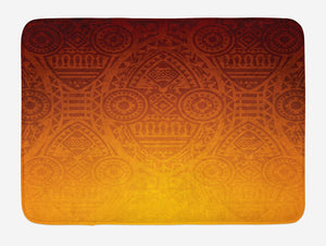 Lunarable Ethnic Bath Mat, Mysterious Wall Motifs with Mask Ceremonial Mystical Artwork, Plush Bathroom Decor Mat with Non Slip Backing, 29.5" X 17.5", Orange
