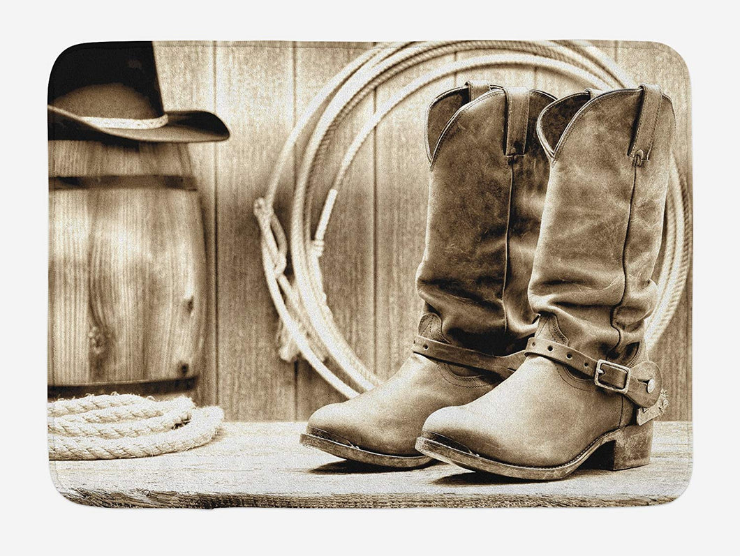 Ambesonne Western Bath Mat, American West Themed Photograph Focused on Boots in Front of Cask and Ropes, Plush Bathroom Decor Mat with Non Slip Backing, 29.5 W X 17.5 L Inches, Sepia
