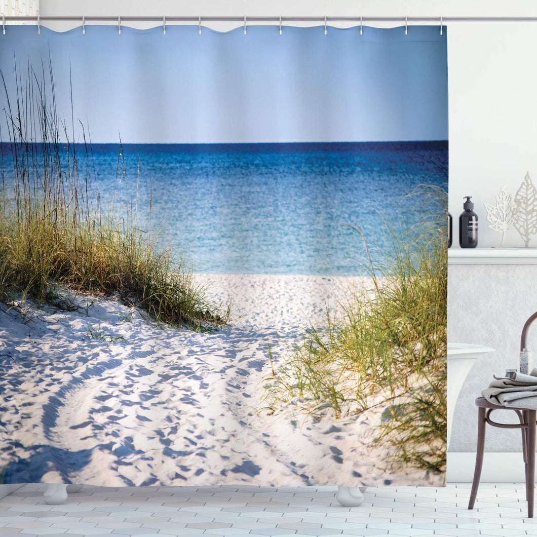 Ambesonne Seaside Decor Collection, Path to the Beach Clear Sky Bushes Grasses Windy Sunny Day Peaceful Gulf of Mexico Picture, Polyester Fabric Bathroom Shower Curtain Set with Hooks, Navy Blue