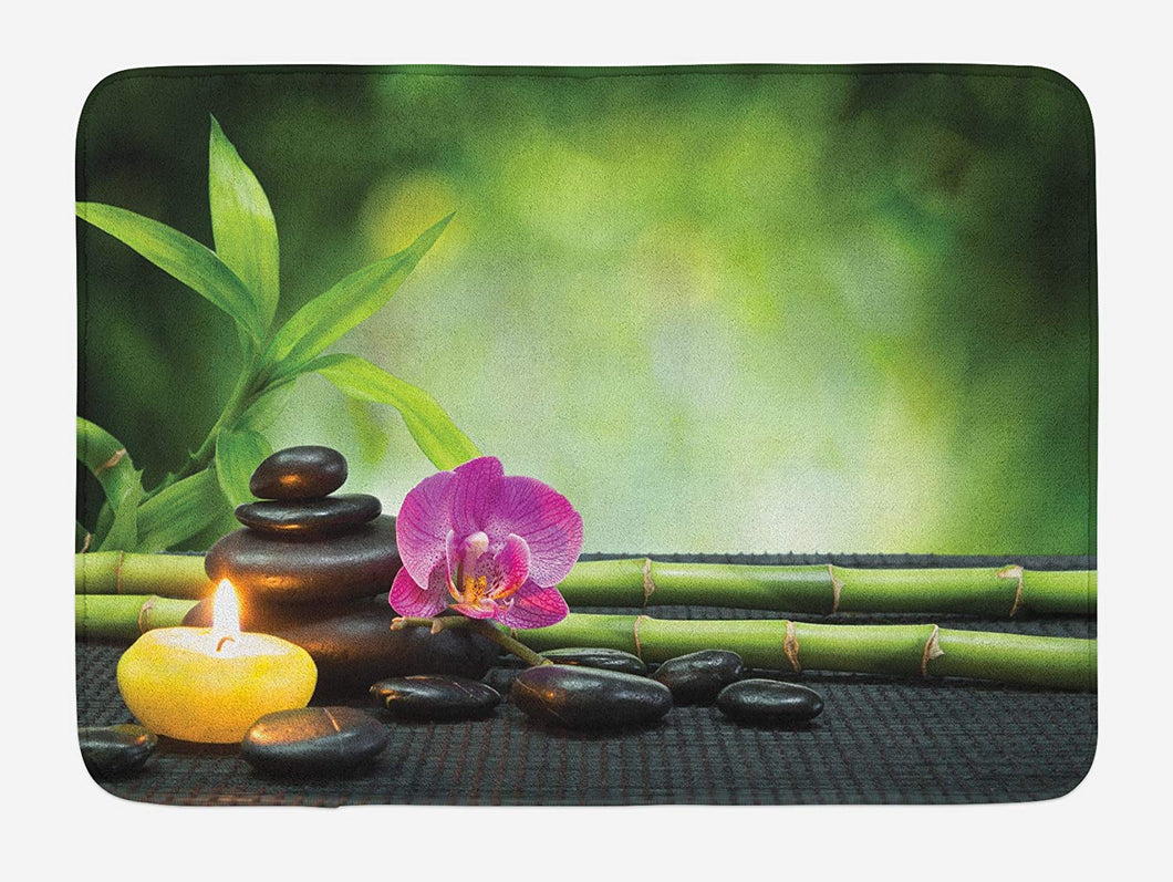 Ambesonne Spa Bath Mat, Orchid Bamboo Stems Chakra Stones Japanese Alternative with Feng Shui Elements, Plush Bathroom Decor Mat with Non Slip Backing, 29.5