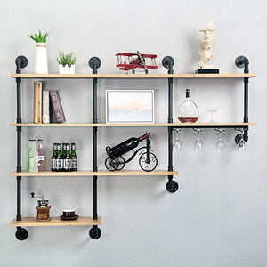 Discover the mbqq 4 tiers 63inch industrial pipe shelving rustic wooden metal floating shelves home decor shelves wall mount with wine rack decorative accent wall book shelf for kitchen or office organizer black