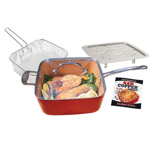 BulbHead 11198 Red Copper Square Pan 5 Piece Set by BulbHead, 10-Inch Pan, Glass Lid, Fry Basket, & More