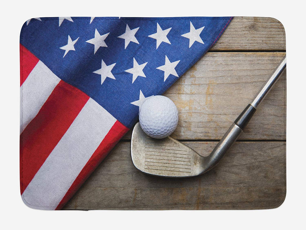 Lunarable Sports Bath Mat, Golf Ball with Flag of USA on Wood Table Patriotism Rustic Country Style, Plush Bathroom Decor Mat with Non Slip Backing, 29.5 W X 17.5 W Inches, Navy Blue Red Cocoa