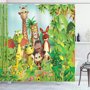 Ambesonne Cartoon Decor Shower Curtain by, Cute Animals Giraffe Tiger Snake Dinosaur Hippo Monkey in Jungle Kids Baby Theme, Fabric Bathroom Decor Set with Hooks, 84 Inches Extra Long, Green