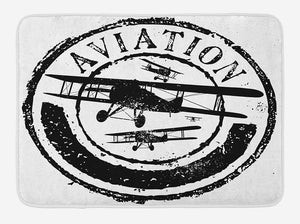 Ambesonne Vintage Airplane Bath Mat, Grunge Style Stamp Design with Word Aviation and Airplane Silhouettes, Plush Bathroom Decor Mat with Non Slip Backing, 29.5" X 17.5", Black and White