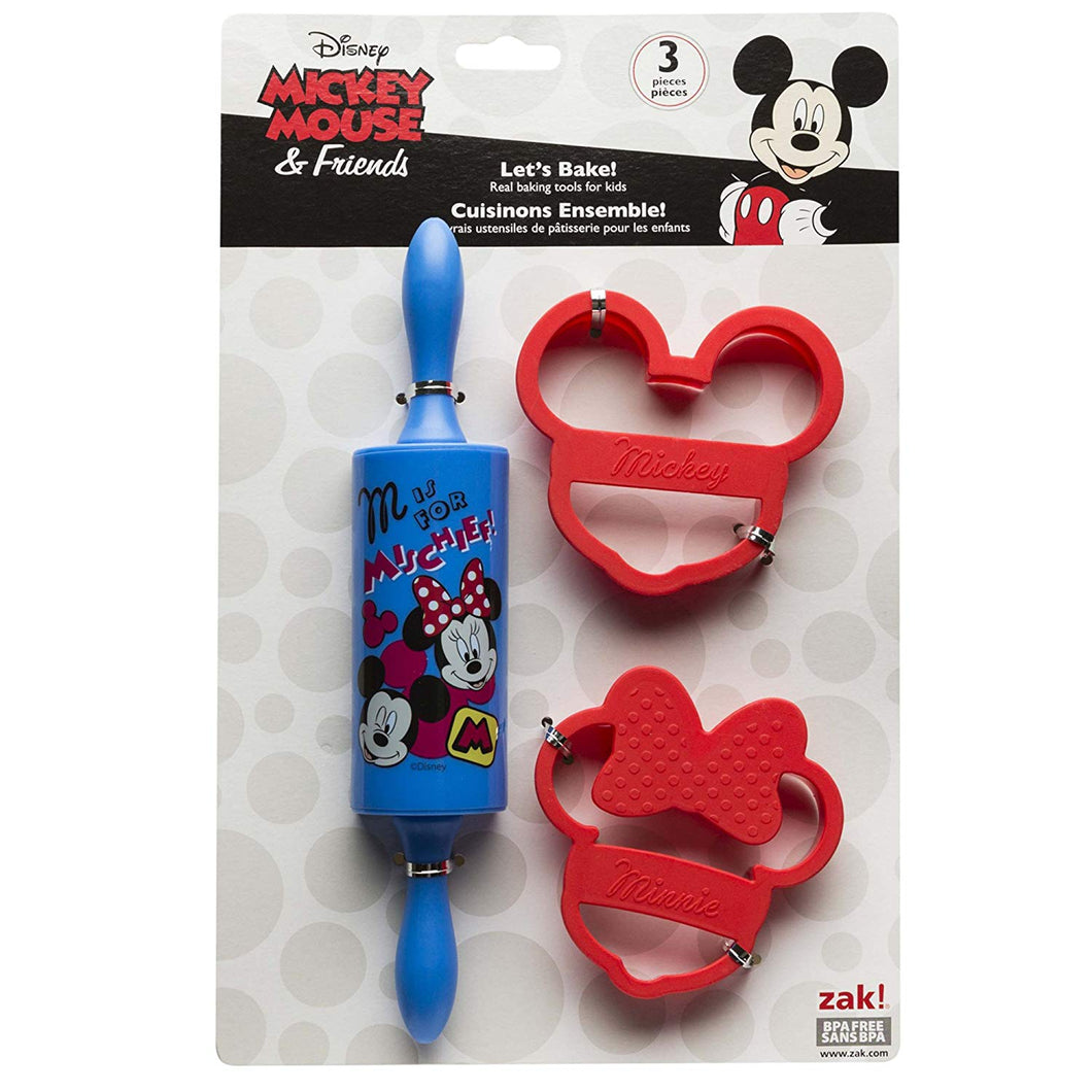 Zak Designs Mickey & Minnie Mouse Rolling Pin and Cookie Cutters for Cooking with Kids, Mickey & Minnie