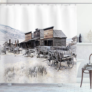 Ambesonne Western Shower Curtain, Old Wooden Wagons from 20's in Ghost Town Antique Wyoming Wheels Artwork Print, Cloth Fabric Bathroom Decor Set with Hooks, 70" Long, Grey White