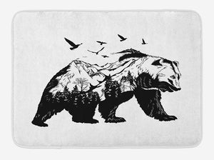 Ambesonne Bear Bath Mat, Mammal Silhouette with Mountain Landscape Flying Birds and Forest Wildlife Design, Plush Bathroom Decor Mat with Non Slip Backing, 29.5" X 17.5", Black White