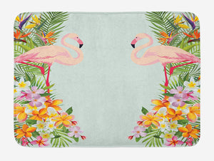 Ambesonne Floral Bath Mat, Flamingo Birds and Tropical Flowers Exotic Hawaiian Wildlife Animals Print, Plush Bathroom Decor Mat with Non Slip Backing, 29.5" X 17.5", Blue Orange