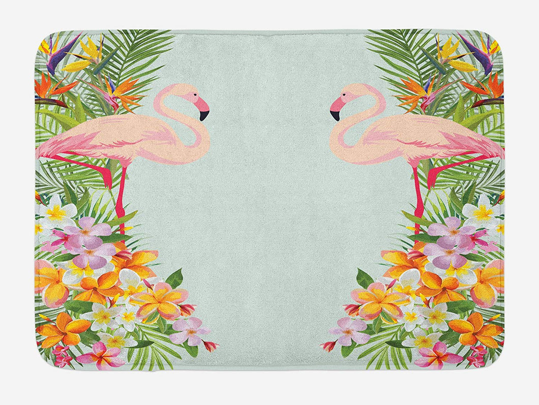 Ambesonne Floral Bath Mat, Flamingo Birds and Tropical Flowers Exotic Hawaiian Wildlife Animals Print, Plush Bathroom Decor Mat with Non Slip Backing, 29.5