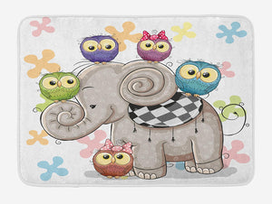 Ambesonne Cartoon Bath Mat, Cartoon Elephant and Owls Floral Background Animal Love Big Eyes Boys and Girls, Plush Bathroom Decor Mat with Non Slip Backing, 29.5" X 17.5", Multicolor