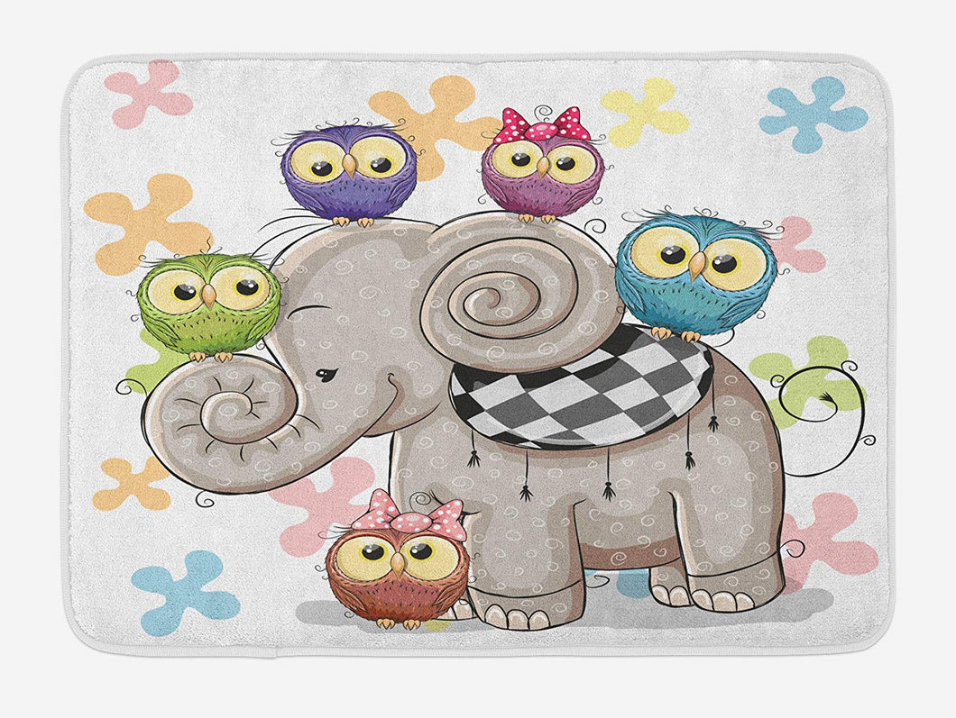 Ambesonne Cartoon Bath Mat, Cartoon Elephant and Owls Floral Background Animal Love Big Eyes Boys and Girls, Plush Bathroom Decor Mat with Non Slip Backing, 29.5