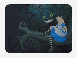 Ambesonne Alice in Wonderland Bath Mat, Alice Sitting on Branch and Chescire Cat in Darkness Cartoon Style, Plush Bathroom Decor Mat with Non Slip Backing, 29.5" X 17.5", Dark Green