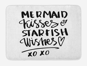 Ambesonne Xo Bath Mat, Mermaid Kisses Starfish Wishes Love Message Inspirational Words Lifestyle Image, Plush Bathroom Decor Mat with Non Slip Backing, 29.5" X 17.5", White Black