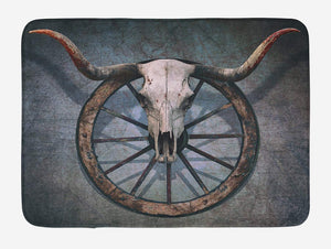 Ambesonne Barn Wood Wagon Wheel Bath Mat, Wild West Themed Design with Bull Skull on Cart Wheel Scratched Wall, Plush Bathroom Decor Mat with Non Slip Backing, 29.5" X 17.5", Cadet Blue