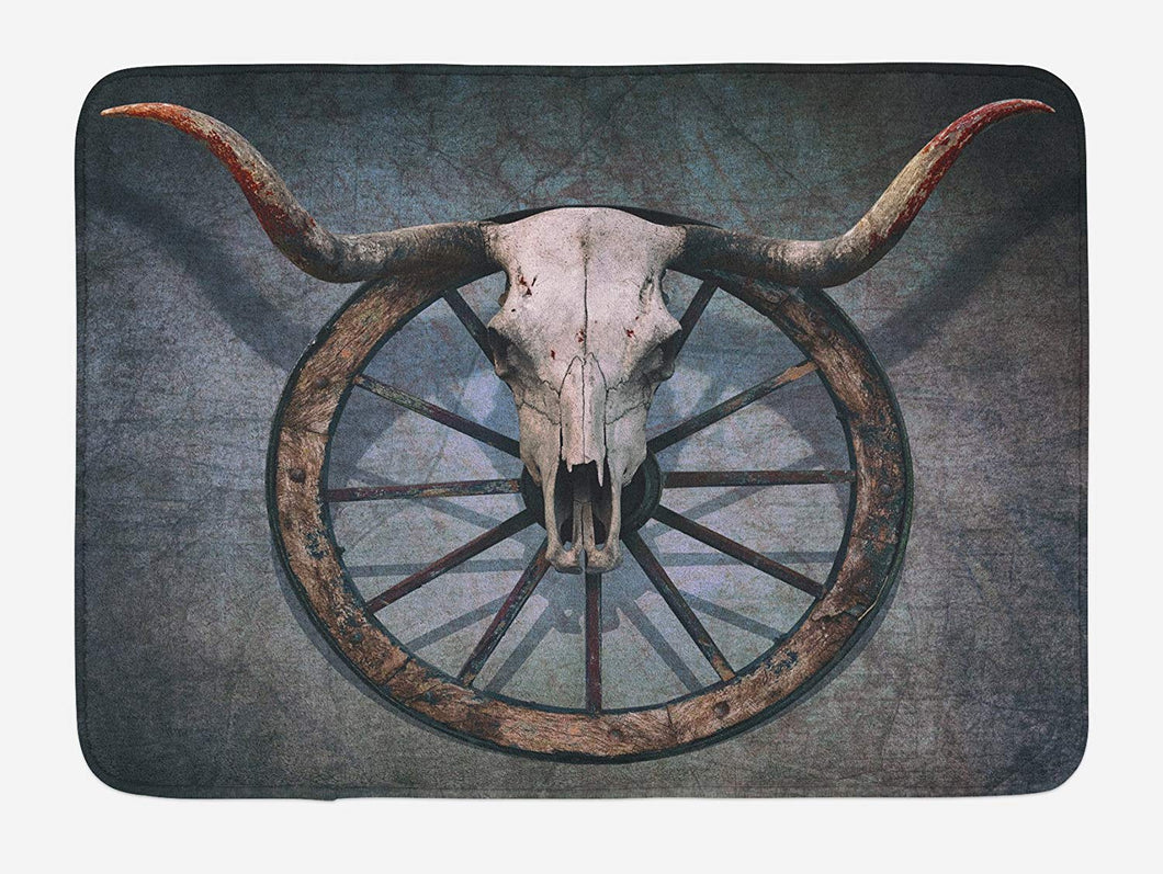 Ambesonne Barn Wood Wagon Wheel Bath Mat, Wild West Themed Design with Bull Skull on Cart Wheel Scratched Wall, Plush Bathroom Decor Mat with Non Slip Backing, 29.5