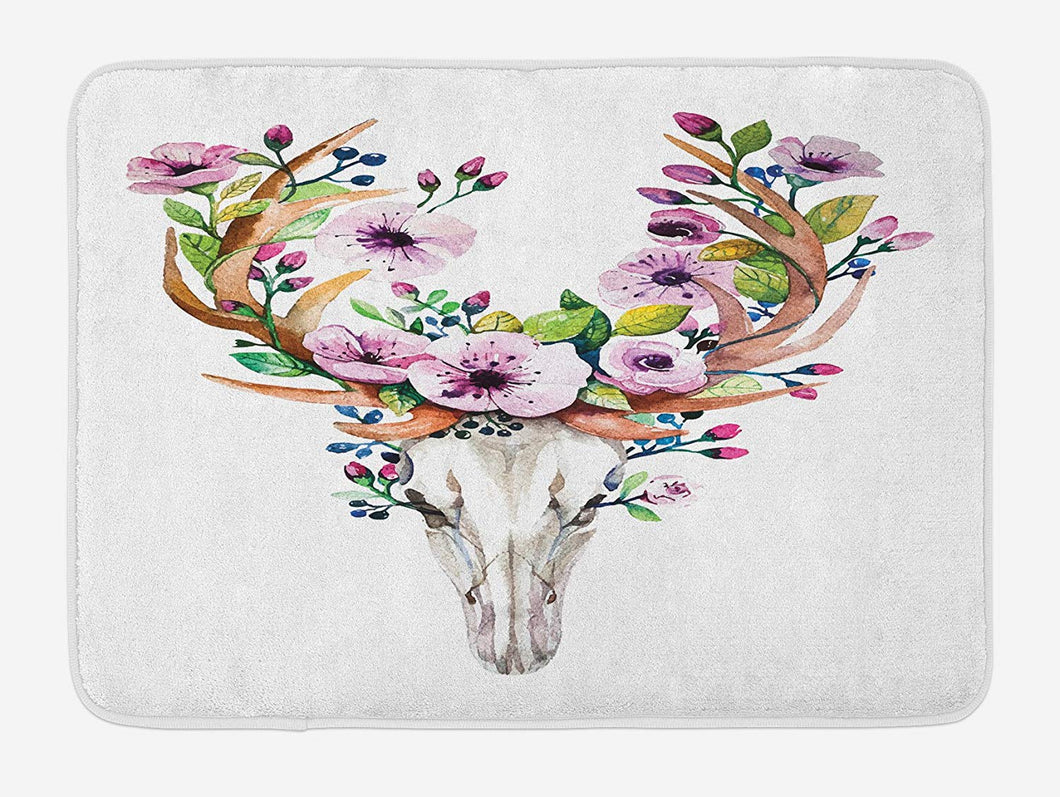 Lunarable Skull Bath Mat, Deer Animal Skull with Floral Horns Nature Inspired Dead and Living Art Print, Plush Bathroom Decor Mat with Non Slip Backing, 29.5
