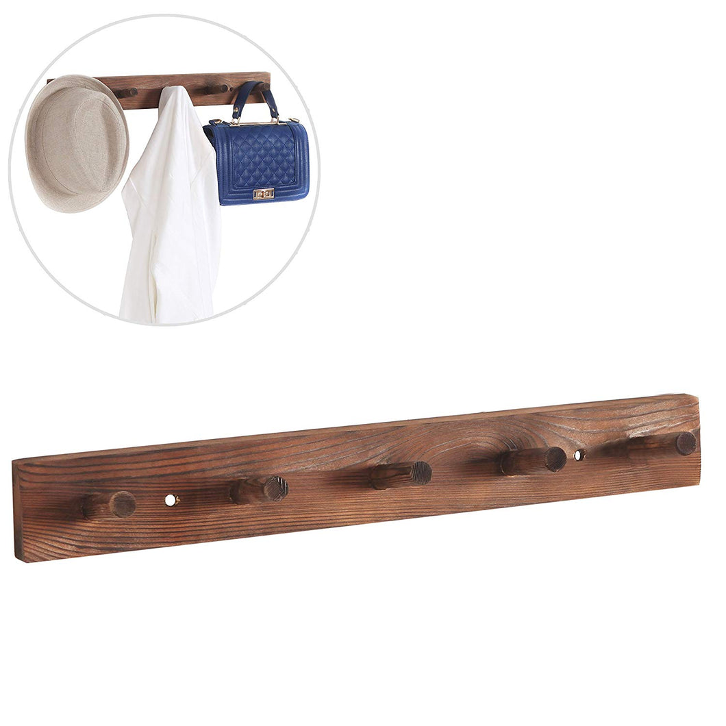 MyGift Wall Mounted Behind The Door Hanging Coat Rack, Wood Hanger Bar w/ 5 Pegs, Dark Brown