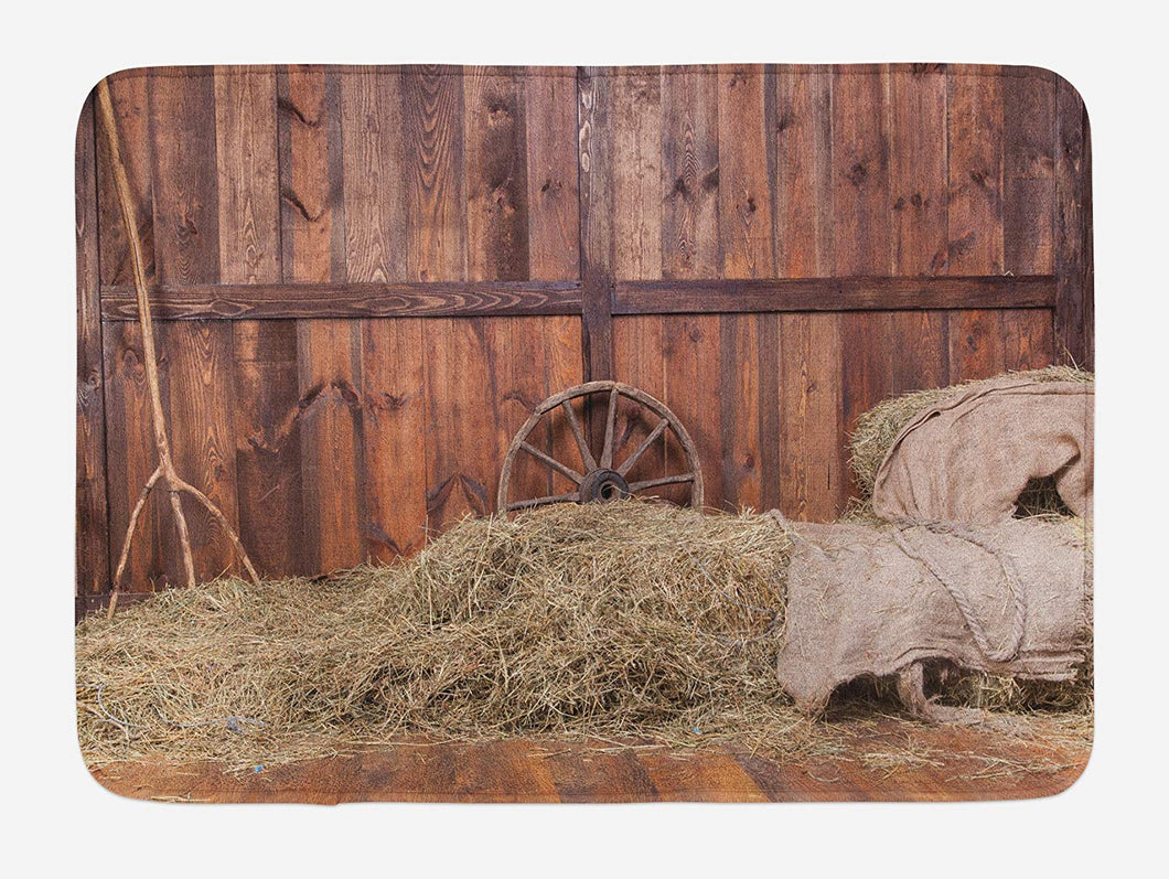 Ambesonne Barn Wood Wagon Wheel Bath Mat, Rural Old Horse Stable Barn Interior Hay and Wood Planks Image Print, Plush Bathroom Decor Mat with Non Slip Backing, 29.5 W X 17.5 L Inches, Brown Dust