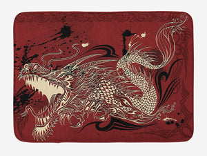 Ambesonne Dragon Bath Mat, Angry Dragon Doodle on Grunge Background Japanese Eastern Ethereal Pattern Print, Plush Bathroom Decor Mat with Non Slip Backing, 29.5" X 17.5", Ivory Ruby