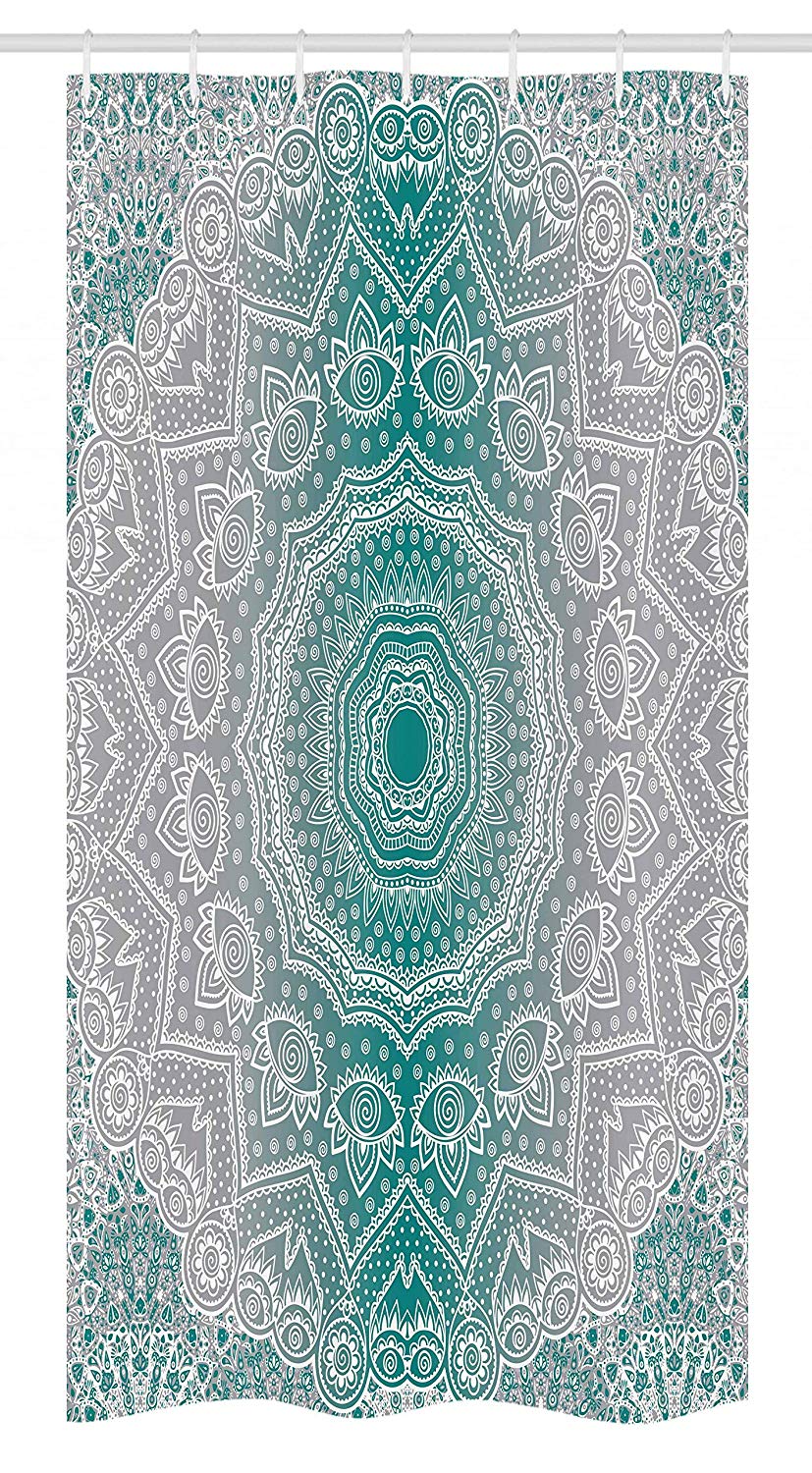 Ambesonne Grey and Teal Stall Shower Curtain, Mandala Ombre Geometry Occult Pattern with Flower Lines Display Artwork, Fabric Bathroom Decor Set with Hooks, 36