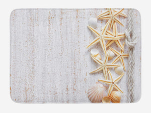 Ambesonne Seashells Bath Mat, Seashells and Starfish with Navy Rope in Vertical Direction Wood Surface Ocean Beach, Plush Bathroom Decor Mat with Non Slip Backing, 29.5" X 17.5", Ivory