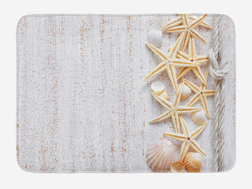 Ambesonne Seashells Bath Mat, Seashells and Starfish with Navy Rope in Vertical Direction Wood Surface Ocean Beach, Plush Bathroom Decor Mat with Non Slip Backing, 29.5