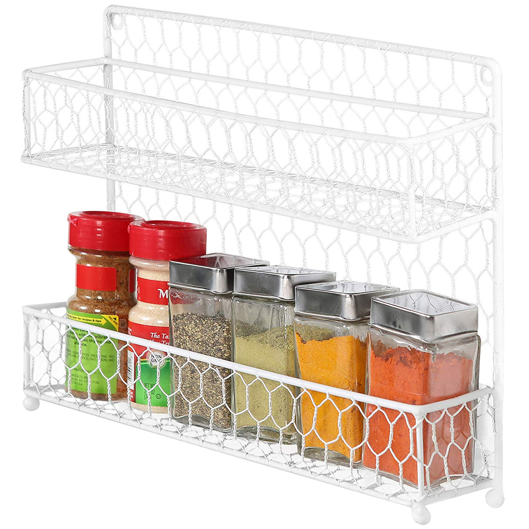 Country Style White Dual Tier Wire Kitchen Counter-top or Wall Mount Spice Rack Jars Storage Organizer