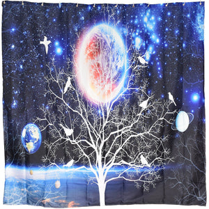 BROSHAN Nature Fabric Shower Curtain Set, Galaxy Nebula Planet Star Tree Birds Silhouette Art Design Blue Space Waterproof Fabric Bathroom Accessories with Hooks,